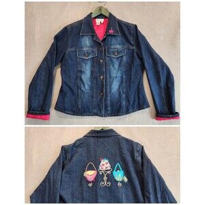 Daniel K Women's L Embroidered‎ Poly Silk Lined Denim Jacket Shacket Purses